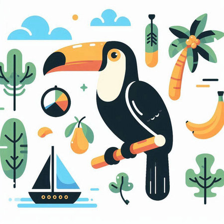 Vector illustration with toucan, palm trees, palms and birds.のイラスト素材