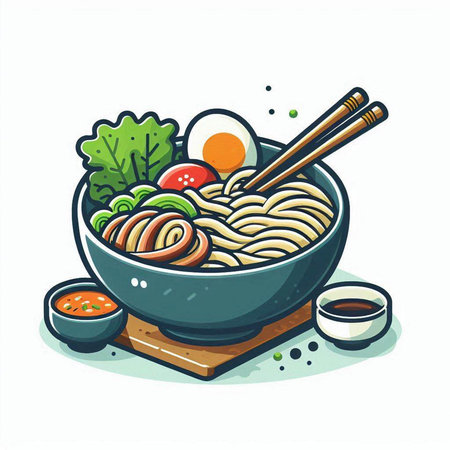 Noodles in a bowl with chopsticks. Vector illustration.のイラスト素材