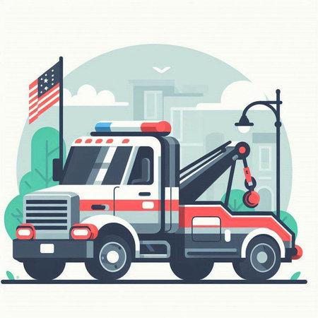 Flat vector illustration of a tow truck on a city background.のイラスト素材
