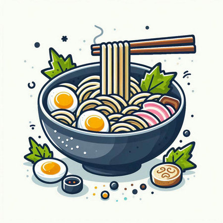 Illustration of Japanese ramen noodle in bowl with chopsticksのイラスト素材