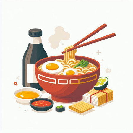 Noodles in a bowl with chopsticks. Vector illustration.のイラスト素材