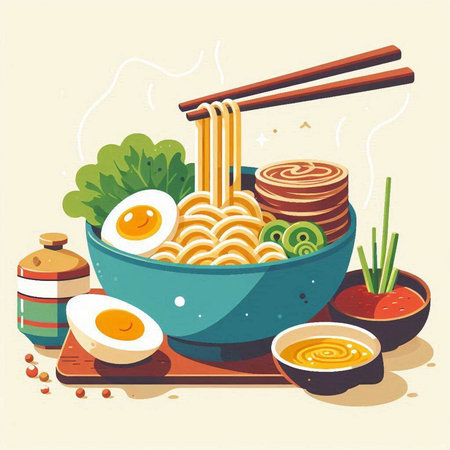 japanese ramen noodle in bowl with chopsticks vector illustrationのイラスト素材