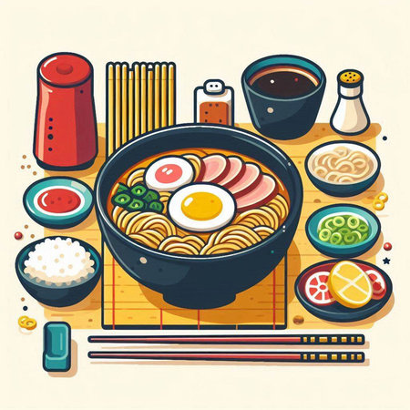 Japanese food vector illustration in flat style. Noodle soup with egg, rice, soy sauce, chopsticks and vegetables.のイラスト素材