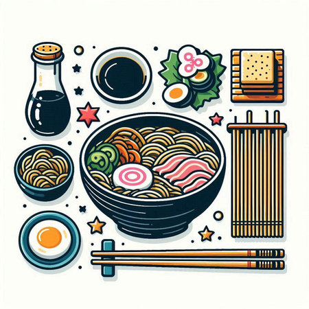 Bowl with japanese noodles and chopsticks. Vector illustration.のイラスト素材