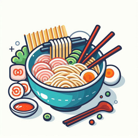 Noodles in a bowl with chopsticks. Vector illustration.のイラスト素材