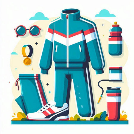 Winter sport equipment. Vector illustration in flat design style. Man in sports suit, sneakers, water bottle, sunglasses.のイラスト素材