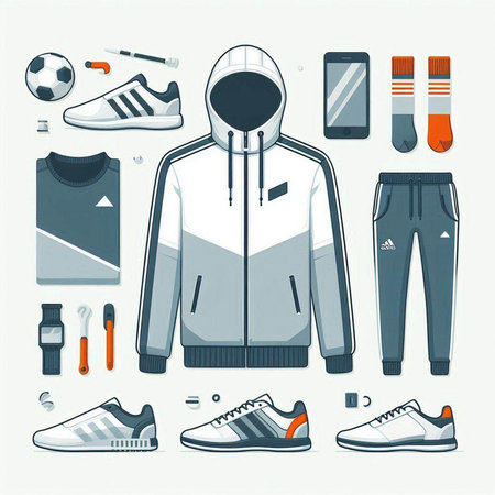 Vector illustration of a set of sportswear and accessories on a white backgroundのイラスト素材