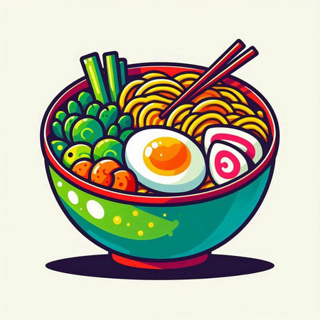 Bowl of noodle soup with egg and vegetables. Vector illustration.のイラスト素材