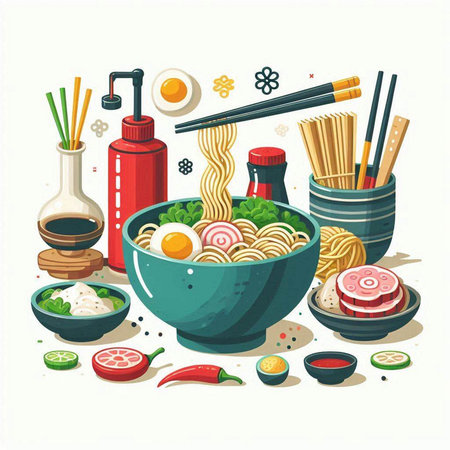 Noodles in a bowl with chopsticks, soy sauce, kimchi and vegetables. Vector illustration.のイラスト素材