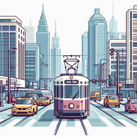 Modern tram on the city street. Vector illustration in retro style.のイラスト素材