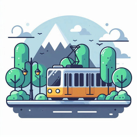 Cable car on the road. Vector illustration in flat style.のイラスト素材