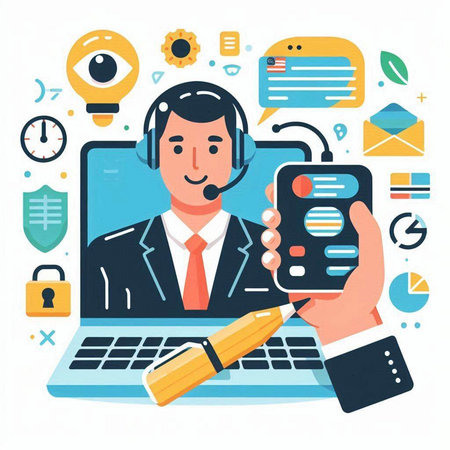 Vector illustration of customer support agent in headset holding smartphone. Customer service concept.のイラスト素材