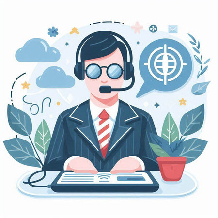Call center operator. Vector illustration in a flat style. Man in a suit with a headset.のイラスト素材