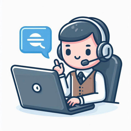 Illustration of a call center operator with a laptop and a speech bubbleのイラスト素材