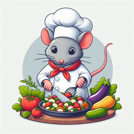 Illustration of a cute mouse chef with vegetables on a white backgroundのイラスト素材