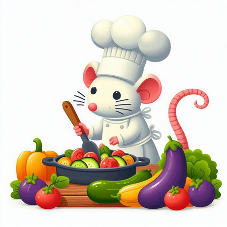 Chef rat with vegetables in the kitchen. Vector illustration on white background.のイラスト素材