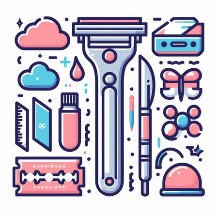 Vector line art illustration of shaving equipment. Modern thin linear icons set.のイラスト素材