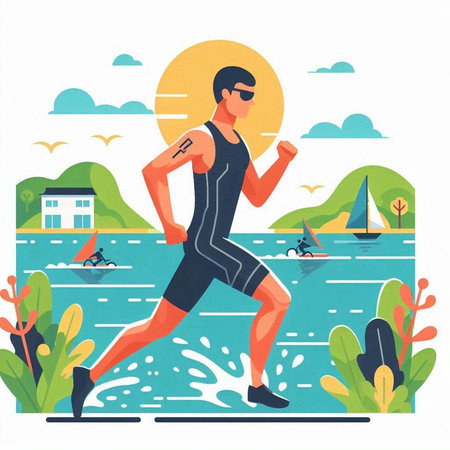 Running man vector illustration. Athlete running on the river. Healthy lifestyle concept.のイラスト素材