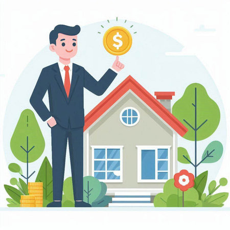 Real estate agent with house and money. Vector illustration in flat styleのイラスト素材