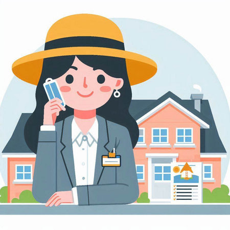 A woman in a hat holding a mobile phone in front of her houseのイラスト素材