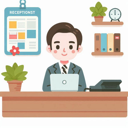 Businessman working at his desk with a laptop, vector illustration.のイラスト素材