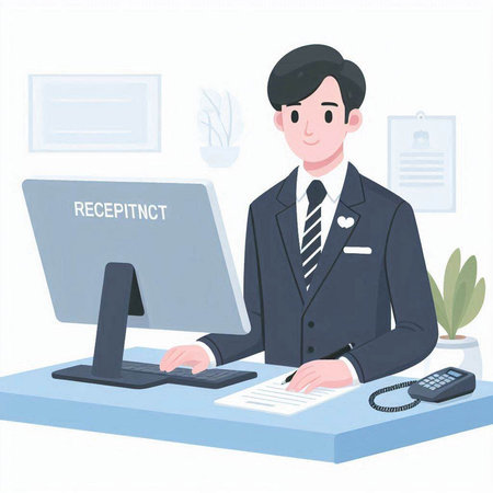 Receptionist at the reception desk, vector illustration, isolated on white backgroundのイラスト素材