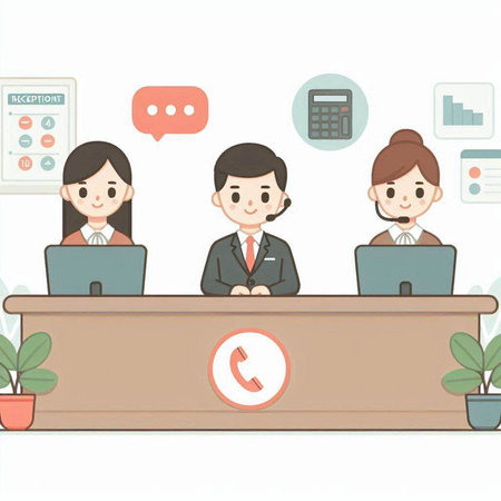 Business people working at the reception desk in office. Vector illustration.のイラスト素材