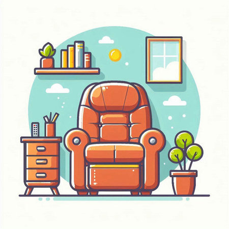 Living room with armchair and bookshelf. Vector illustration.のイラスト素材