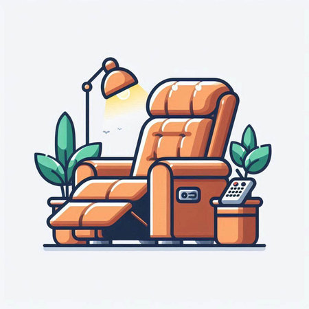 Armchair with remote control and plant in pot. Modern flat vector illustration.のイラスト素材
