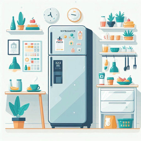 Refrigerator in the kitchen. Vector illustration in flat style.のイラスト素材