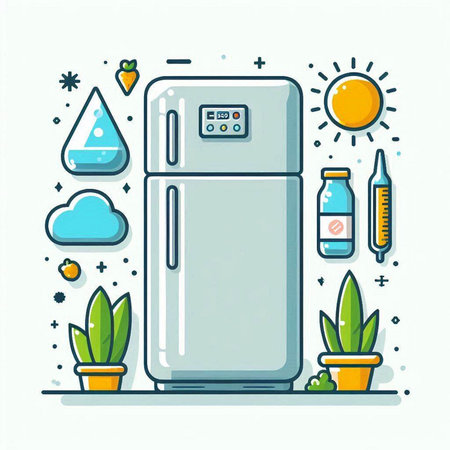 Refrigerator with different icons. Vector illustration in flat style.のイラスト素材