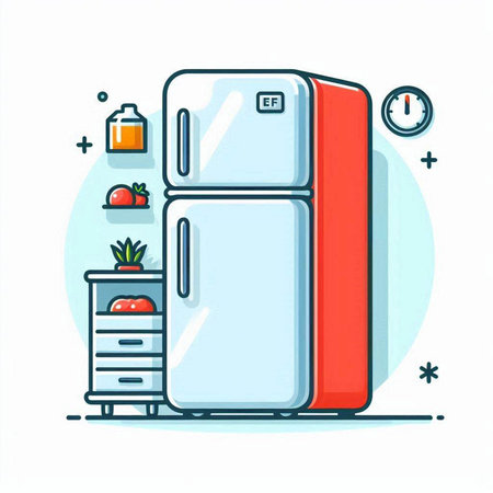 Refrigerator and kitchen appliances on white background. Vector illustration.のイラスト素材
