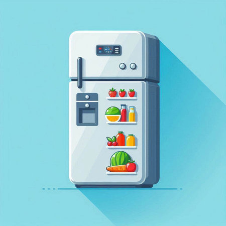 Refrigerator with fruits and vegetables. Flat style vector illustration.のイラスト素材