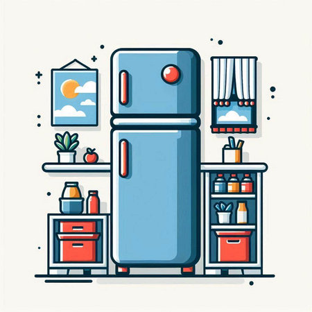 Refrigerator in the kitchen. Vector illustration in flat style.のイラスト素材