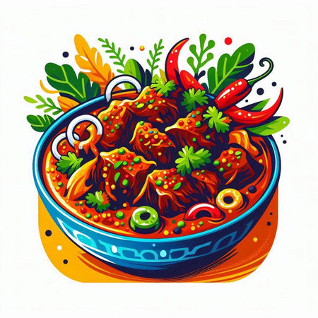 Illustration of a bowl of spicy beef stew garnished with parsley and chili peppersのイラスト素材