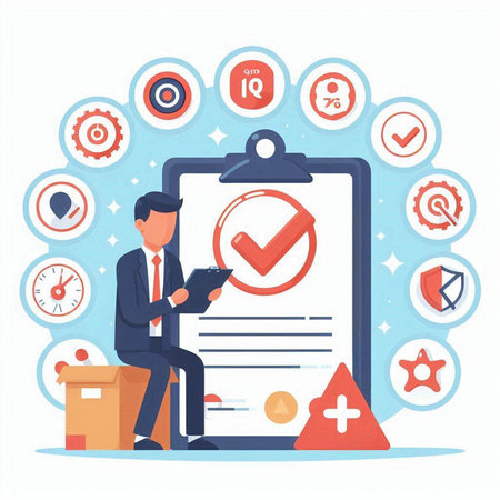 Businessman sitting on clipboard with checklist and icons, flat vector illustration.のイラスト素材