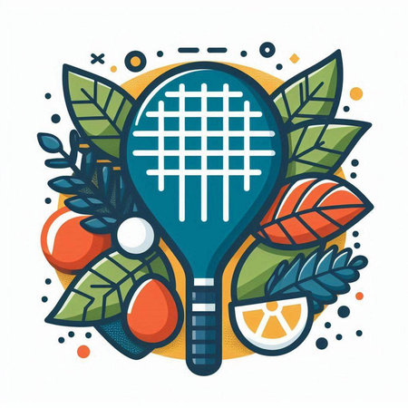 Tennis vector illustration. Tennis racket with balls, leaves, fruits and berries.のイラスト素材
