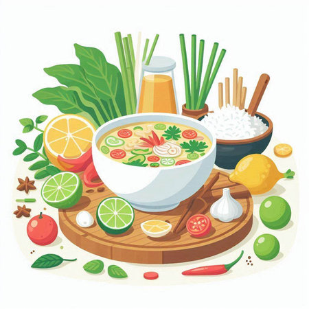 Illustration of Thai soup with ingredients on wooden board. Vector illustration.のイラスト素材