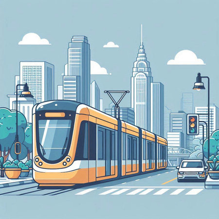 Modern tram on the background of skyscrapers. Vector illustration.のイラスト素材