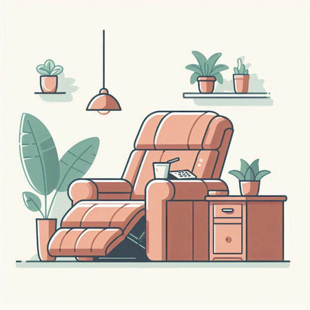 Living room interior with armchair, coffee table and plants. Vector illustration.のイラスト素材