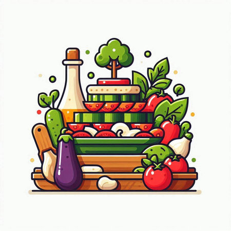 Vegetables and fruits in a wooden box. Vector illustration.のイラスト素材
