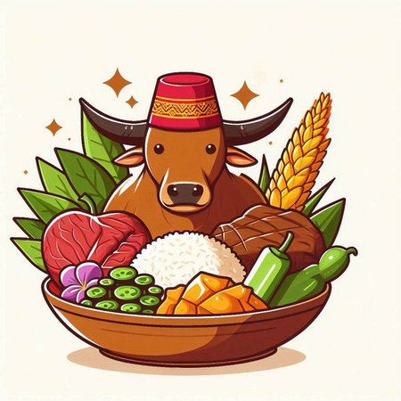 Illustration of a cow with rice and vegetables in a bowl.のイラスト素材