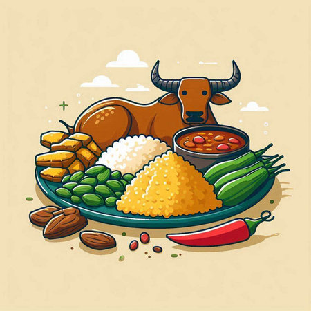 Illustration of a bull with rice and vegetables. Vector illustration.のイラスト素材