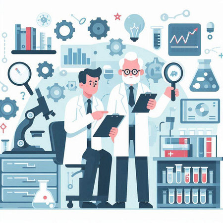 Scientific research and development concept. Vector flat illustration of scientist and doctor in laboratory.のイラスト素材