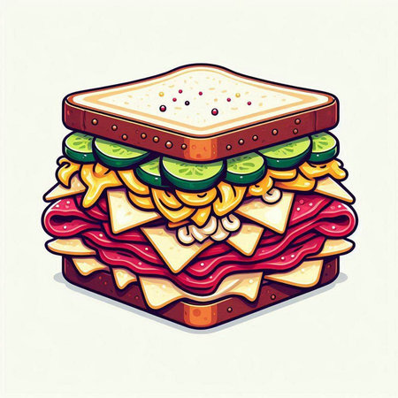 Sandwich with ham, cheese, tomato and lettuce. Vector illustration.のイラスト素材