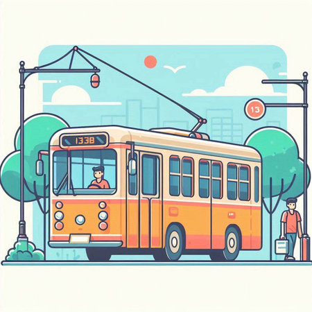 Bus on the city street. Vector illustration in flat cartoon style.のイラスト素材