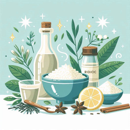Vector illustration of ingredients for cooking with lemon, cinnamon, star anise, salt, oil.のイラスト素材