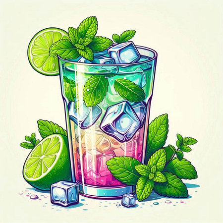 Mojito cocktail with lime, mint and ice. Vector illustration.のイラスト素材
