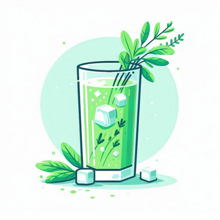 Green smoothie in glass with ice cubes and herbs. Vector illustration.のイラスト素材