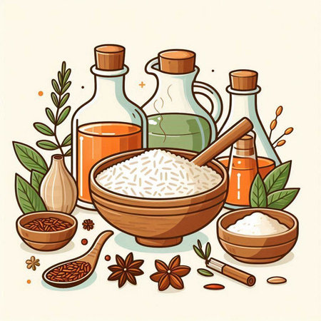 Illustration of a set of ingredients for cooking - rice, oil, spices and herbsのイラスト素材